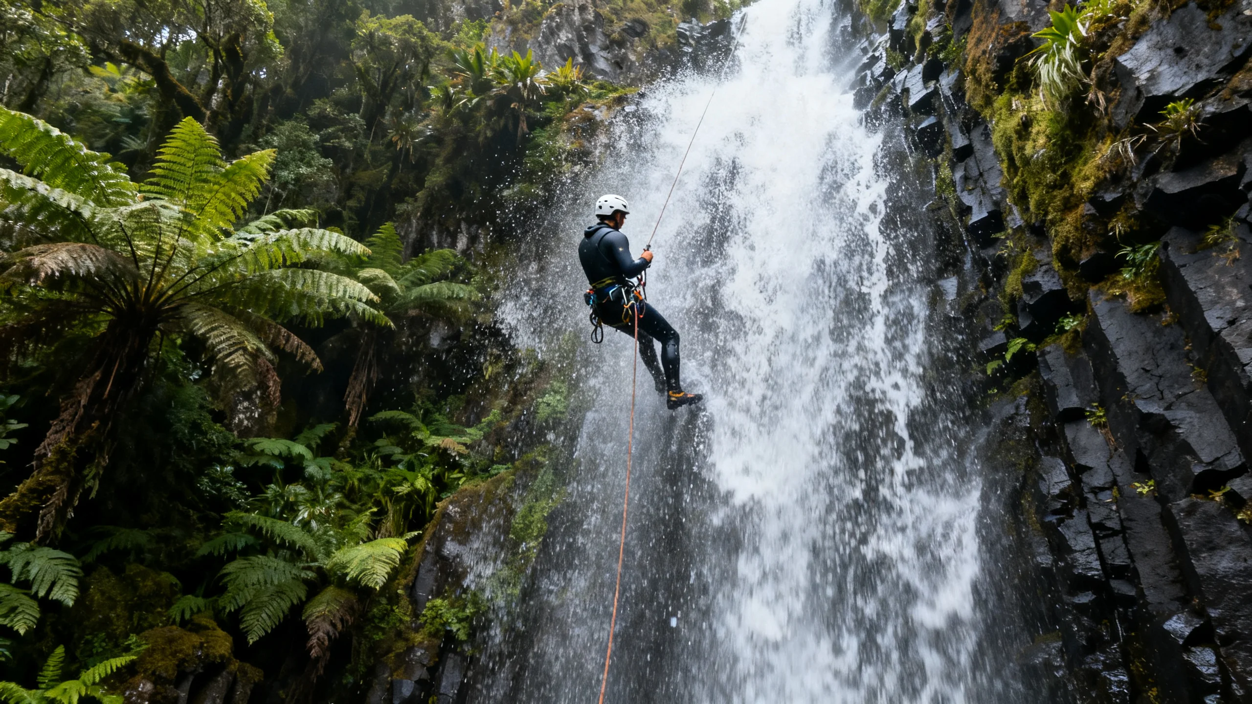 Personne en combinaison et casque descendant en rappel une haute cascade dans le canyon luxuriant de Ribeira dos Caldeirões, São Miguel, entourée de végétation tropicale verte