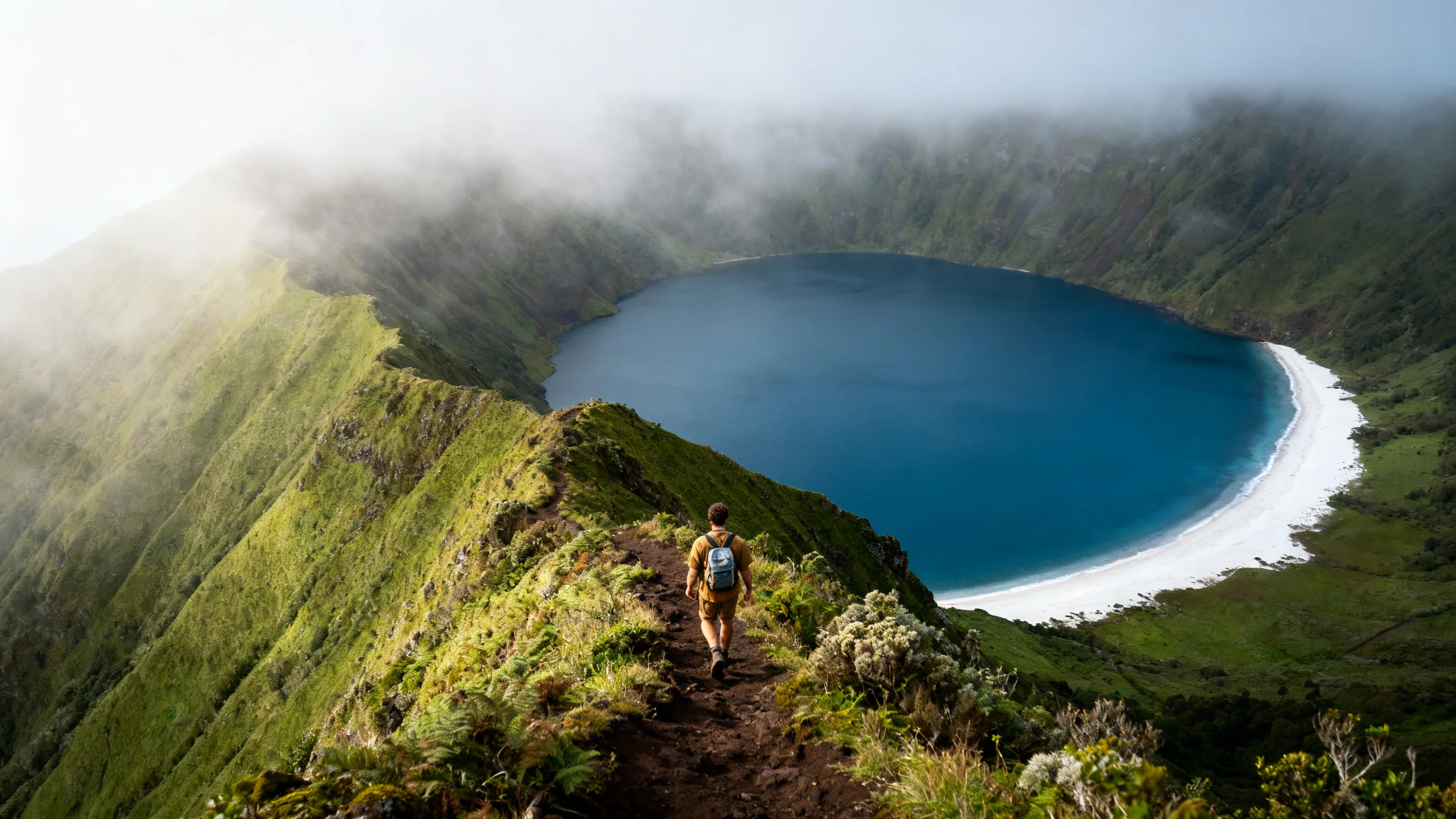 Randonneur descendant le sentier volcanique vers le lac de cratère Lagoa do Fogo avec l'eau bleu profond et la plage de sable blanc visibles en contrebas