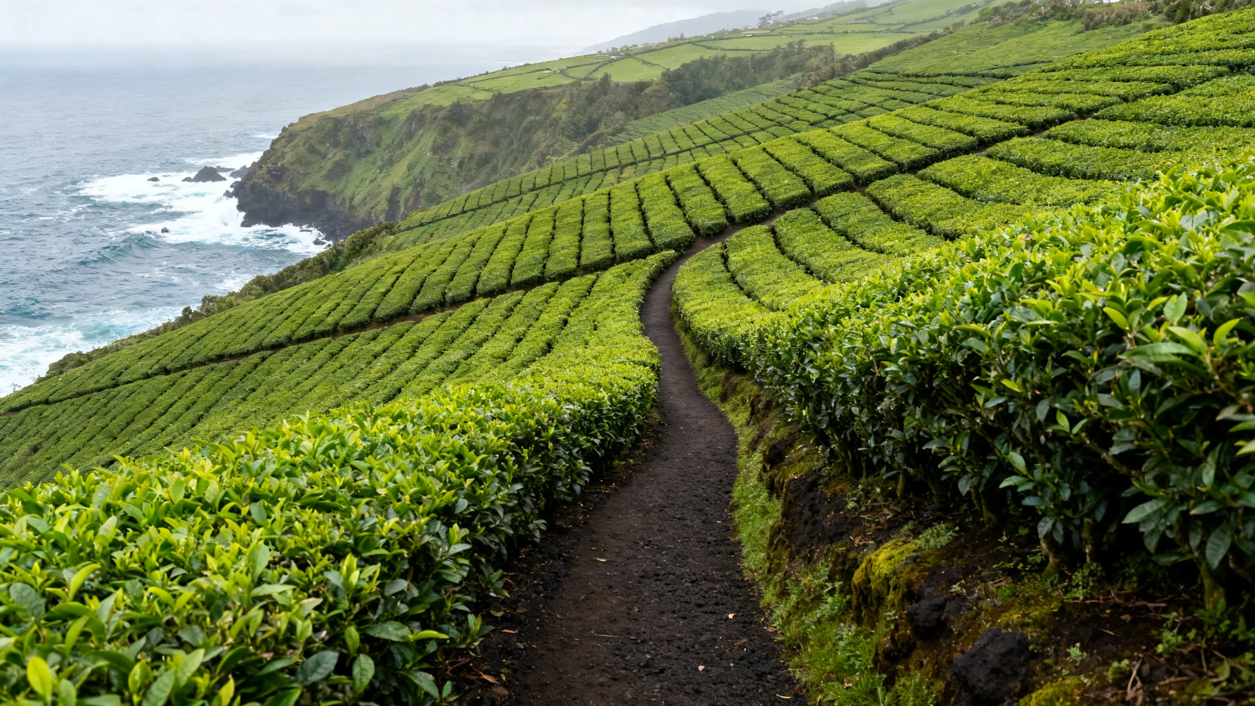 Rangées de théiers verts sur la plantation Gorreana à São Miguel, avec la côte atlantique et l'océan visibles au loin, lumière nuageuse douce