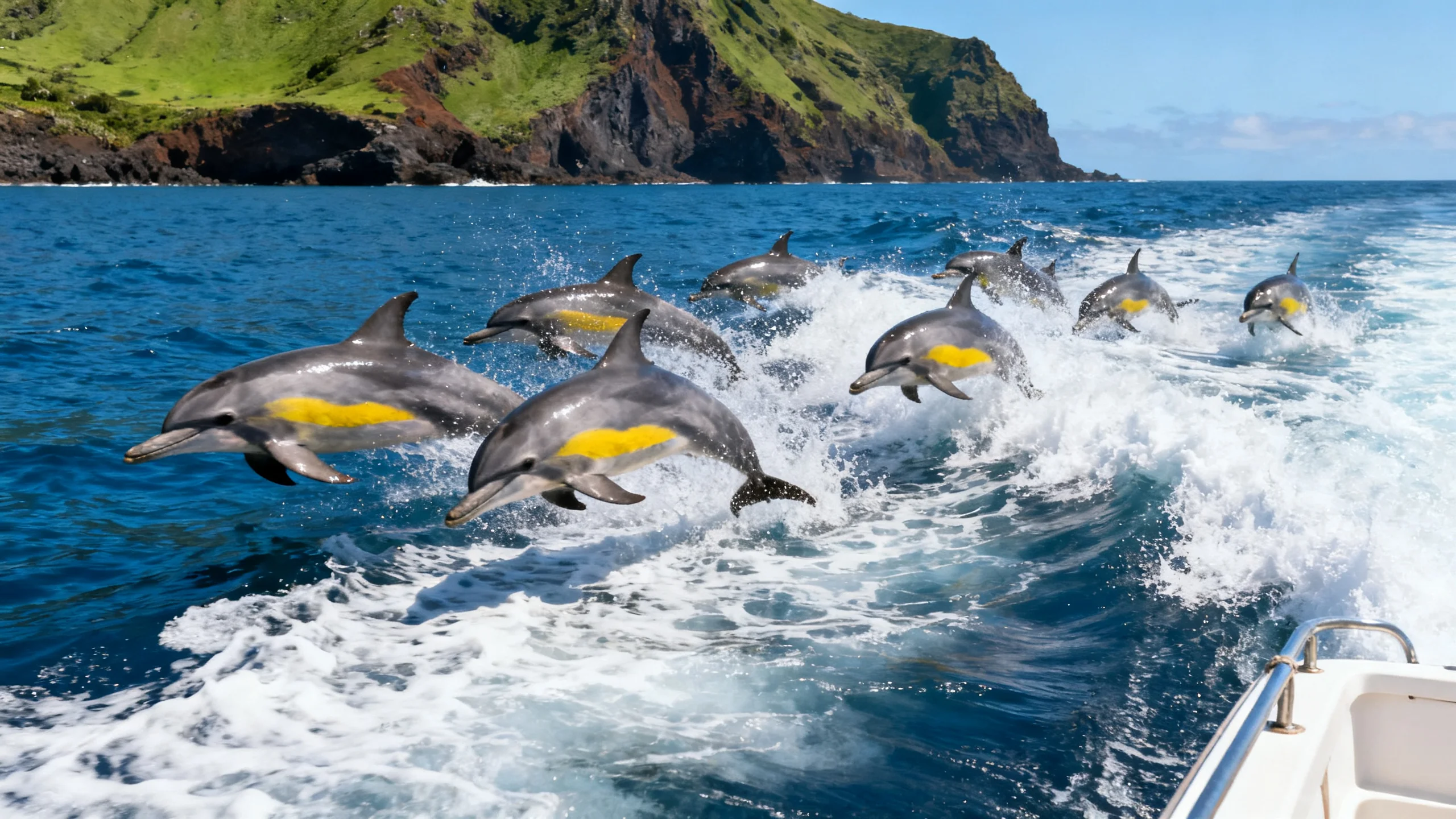Groupe de dauphins communs bondissant dans l'eau bleue et limpide de l'Atlantique aux côtés d'un petit bateau d'observation au large de São Miguel