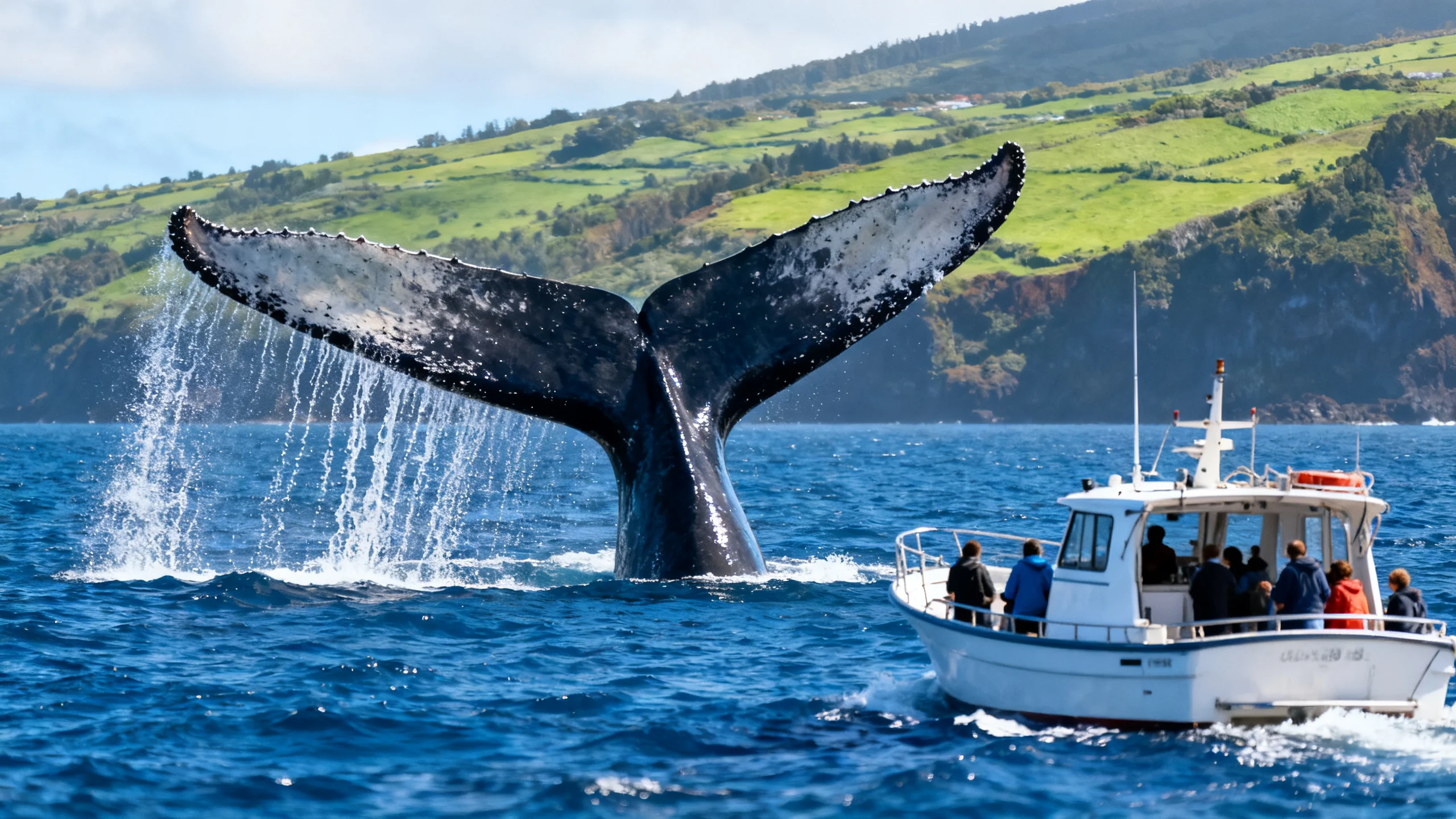 Large queue de cachalot émergeant à la surface de l'océan Atlantique au large de São Miguel, Açores, avec un petit bateau d'observation en avant-plan