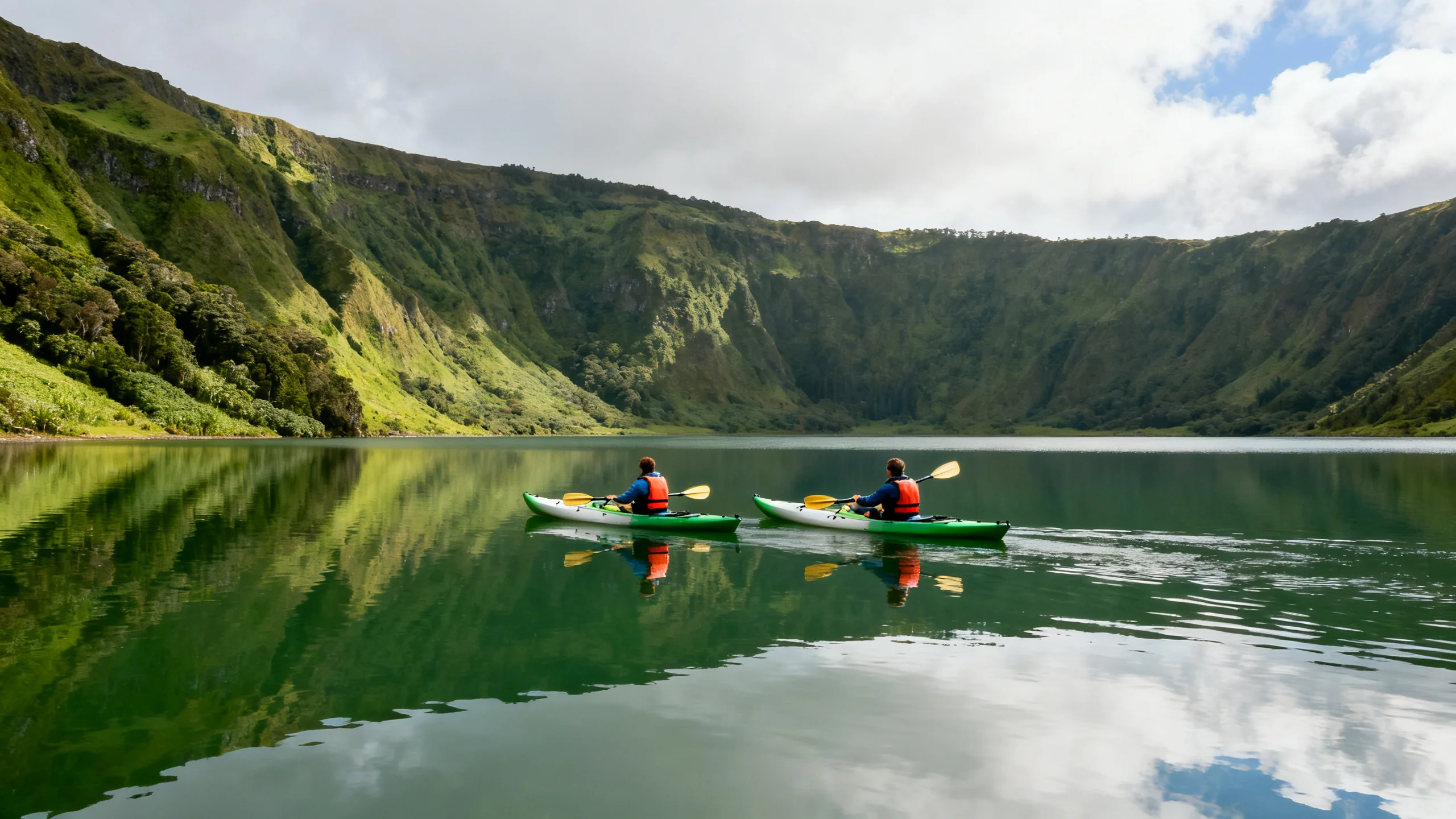 Deux kayaks biplaces pagayant sur le lac vert de la caldeira de Sete Cidades à São Miguel, avec les parois escarpées du cratère volcanique et le ciel nuageux reflétés dans l'eau calme