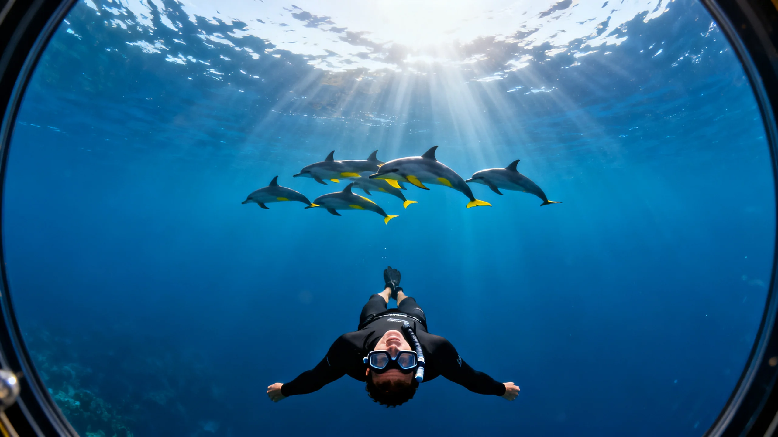 Plongeur en combinaison flottant face contre l'eau en surface de l'Atlantique pendant qu'un petit groupe de dauphins communs passe en dessous, eau bleue transparente