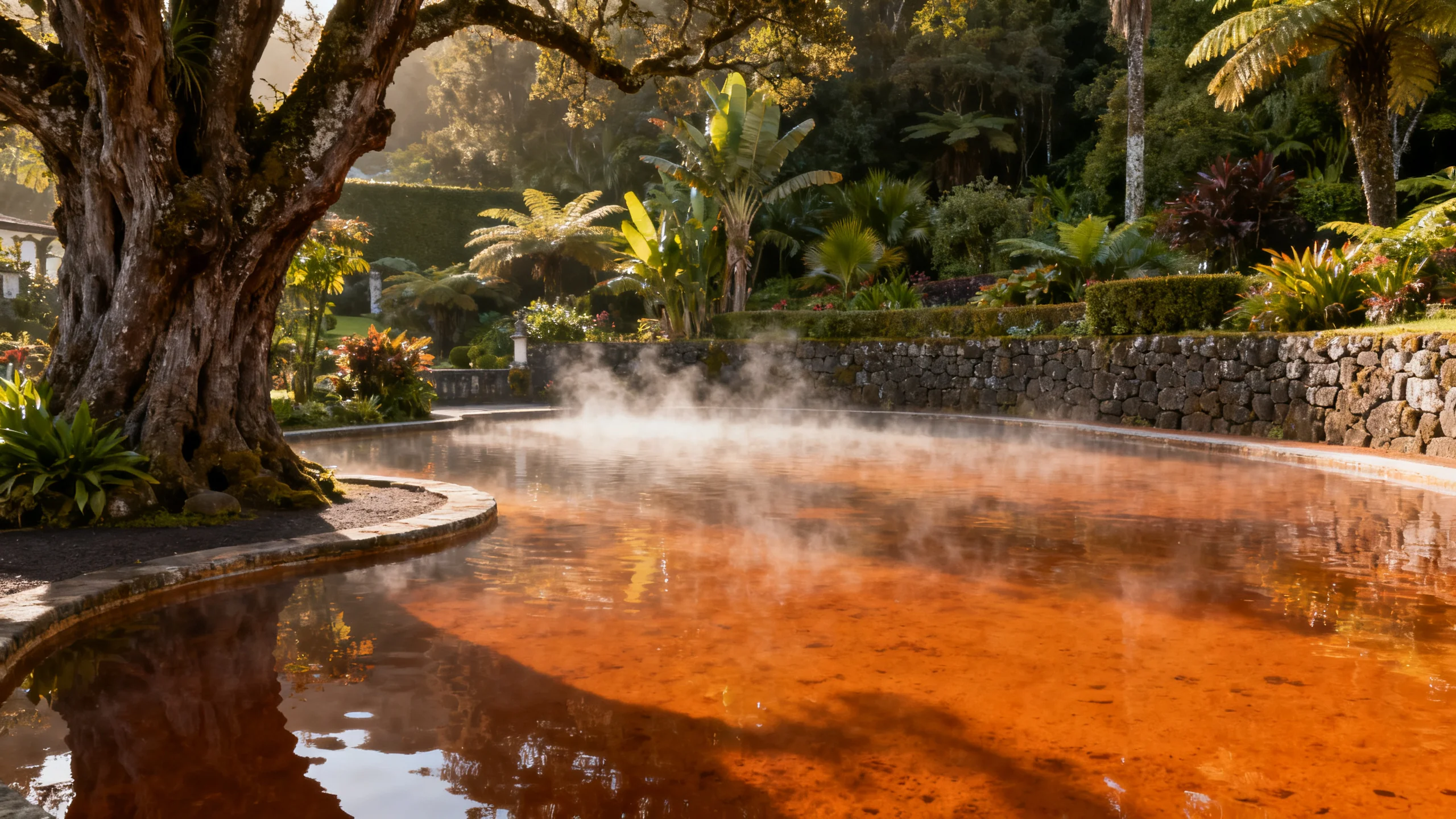 Piscines thermales riches en fer du jardin Terra Nostra à Furnas avec eau minérale chaude teintée d'orange entourée d'une végétation de jardin tropical luxuriante