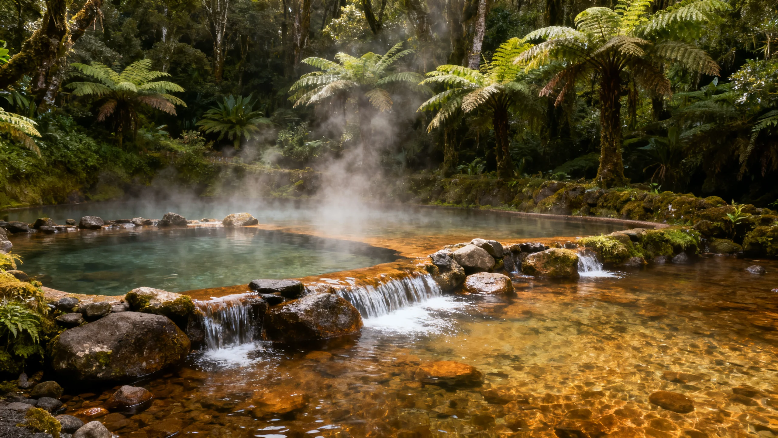 Piscine thermale naturelle à Caldeira Velha avec eau chaude s'écoulant sur les pierres entourée d'une forêt atlantique dense avec fougères arborescentes