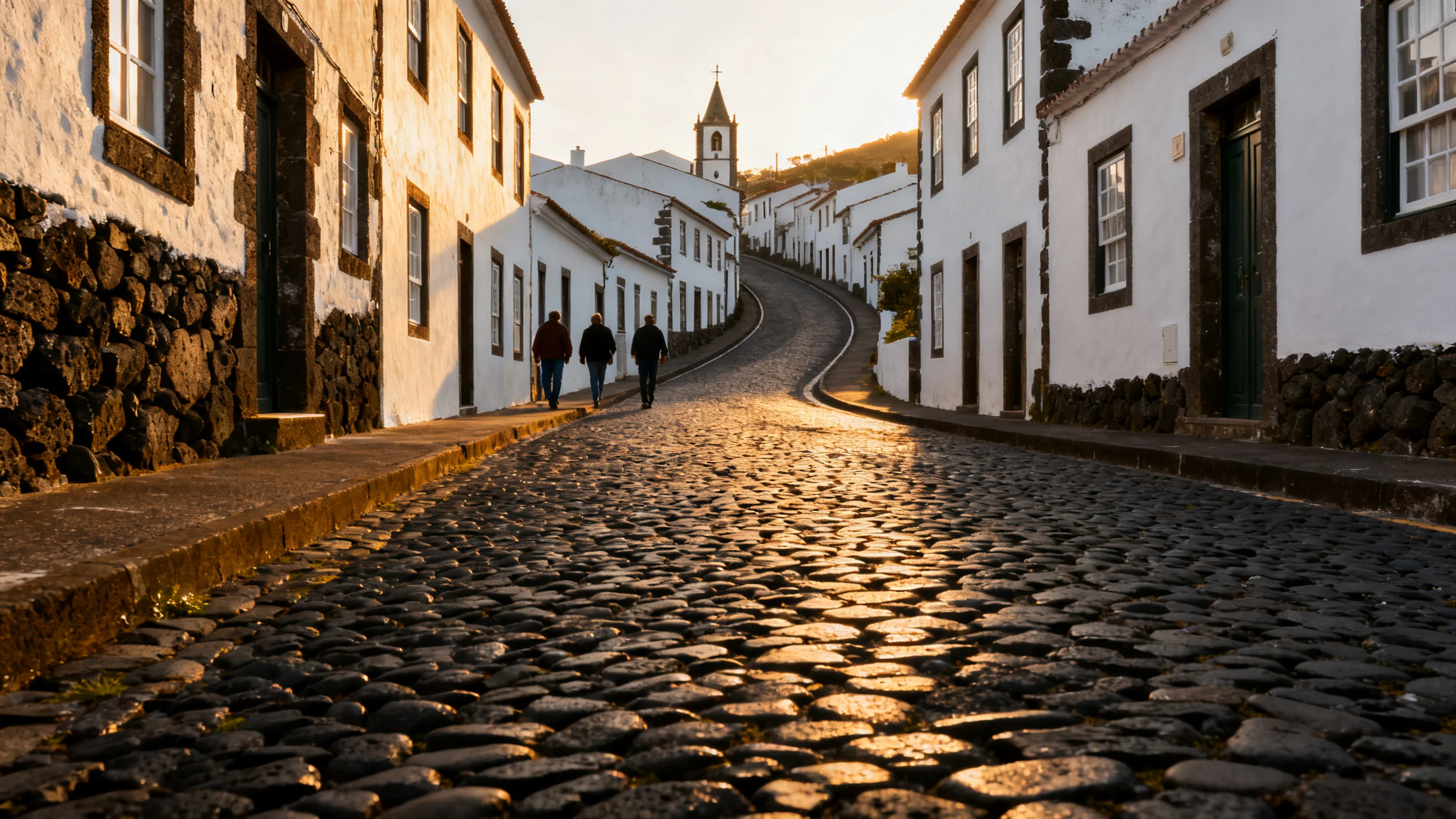 The single curved cobbled street of Vila do Corvo, Azores, lined with white-painted traditional stone houses on both sides, a few residents walking, the basalt cobbles polished by centuries of use, the small church spire visible at the top of the slope, late afternoon golden light