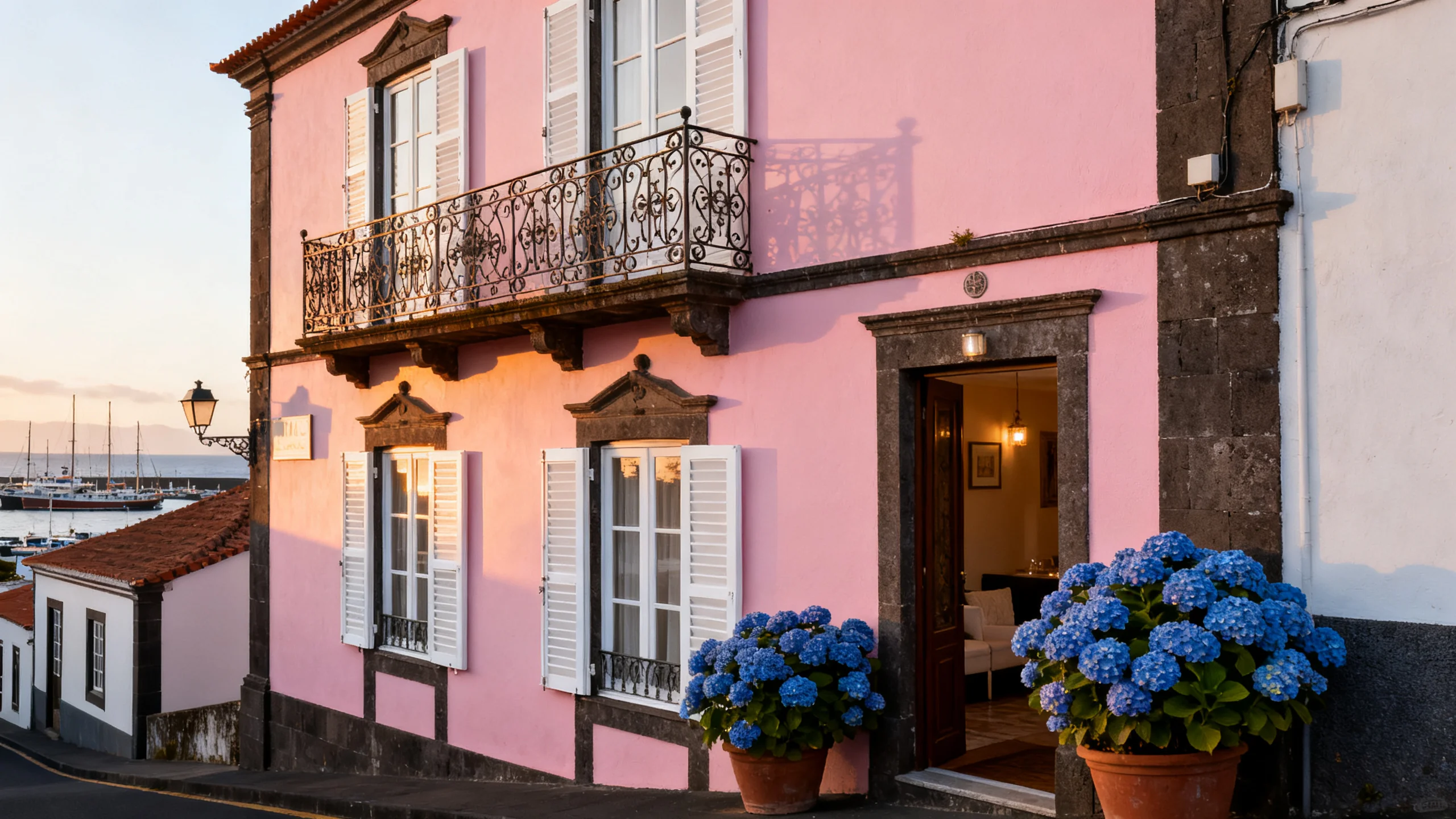 A pastel-pink 19th-century townhouse in central Horta on Faial, Azores, restored as a small boutique guesthouse with a wrought-iron balcony overlooking the marina, white-painted windows, hydrangeas in flower beside the entrance, warm afternoon light