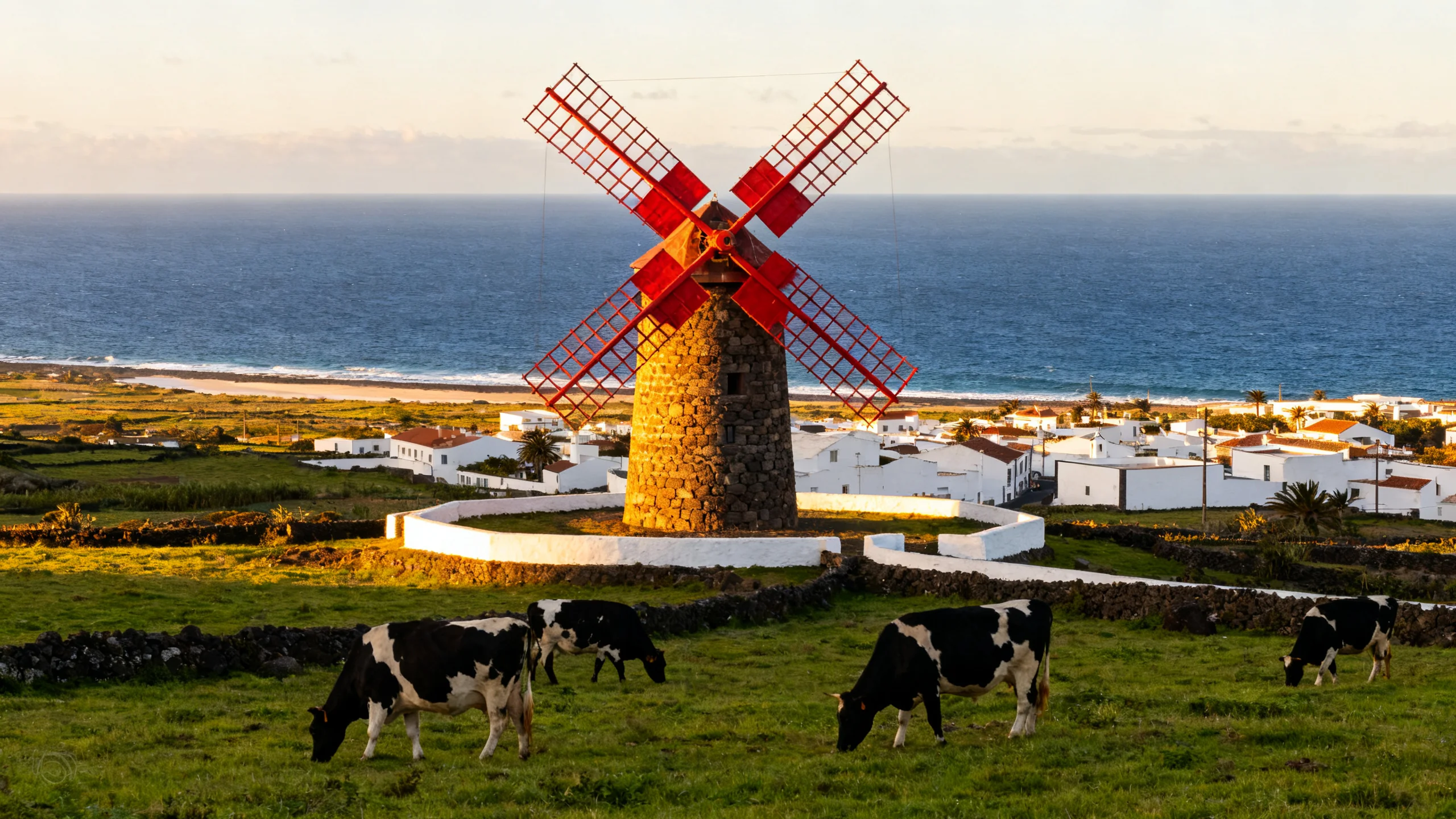 A traditional red-sailed windmill on Graciosa, Azores, standing in a field of pasture with grazing dairy cows, the white-painted village of Praia and the deep blue Atlantic ocean visible in the distance, late afternoon golden light hitting the windmill blades