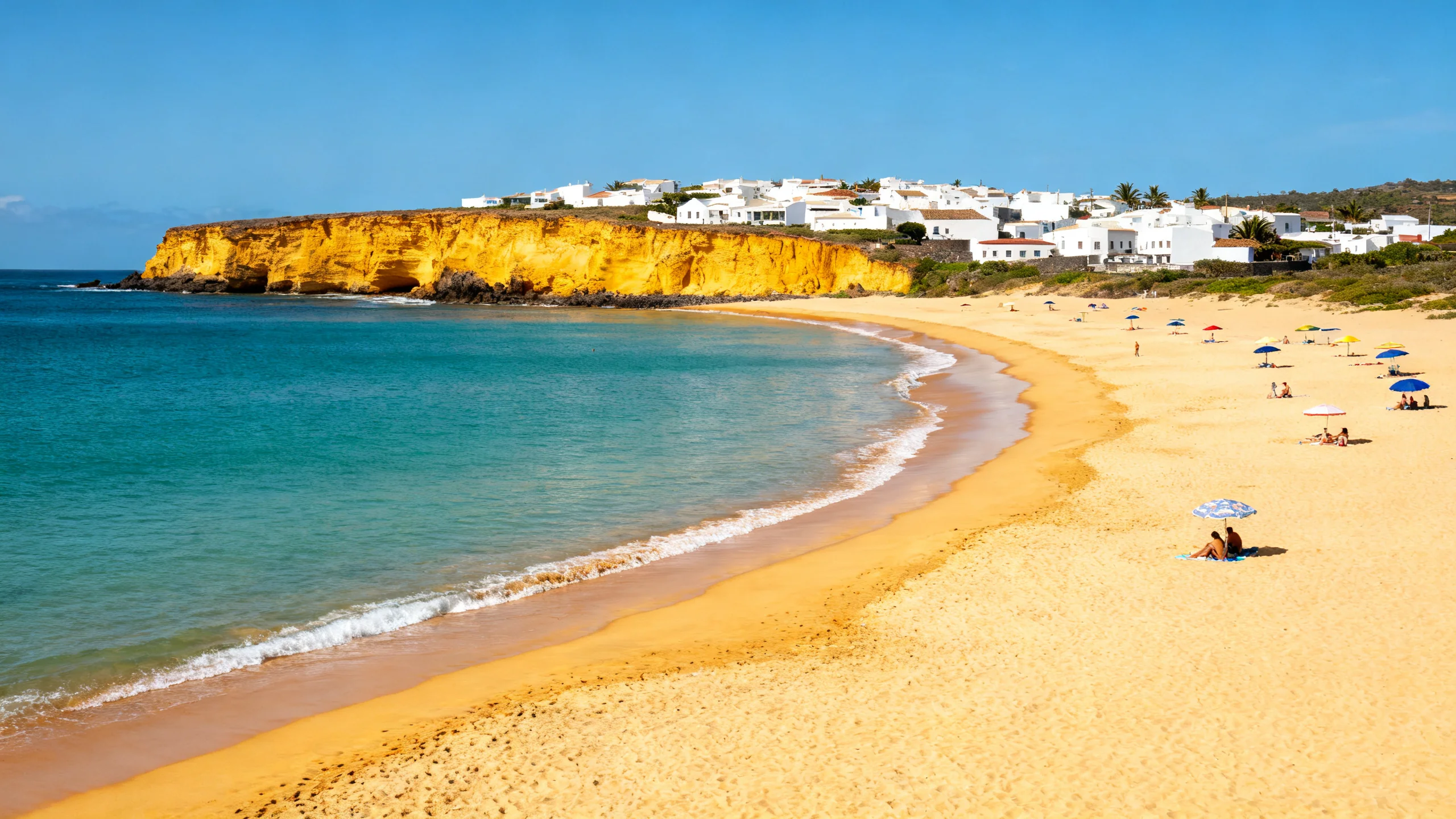 A close perspective view of Praia Formosa on Santa Maria, Azores, showing the curve of golden sand, calm turquoise water meeting the shore, low yellow tuff cliffs at one end with the white-painted village above, scattered umbrellas and a few sunbathers on the sand under bright summer sun