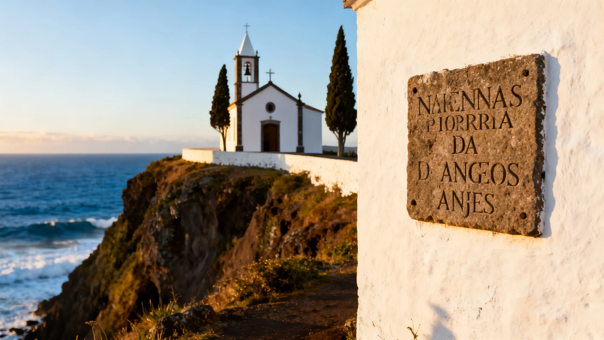 A small white chapel (Capela de Nossa Senhora dos Anjos) on a cliff above the small village of Anjos on Santa Maria, Azores, with a stone inscription on the wall recording the Columbus visit, the blue Atlantic ocean visible in the distance below, late afternoon golden light