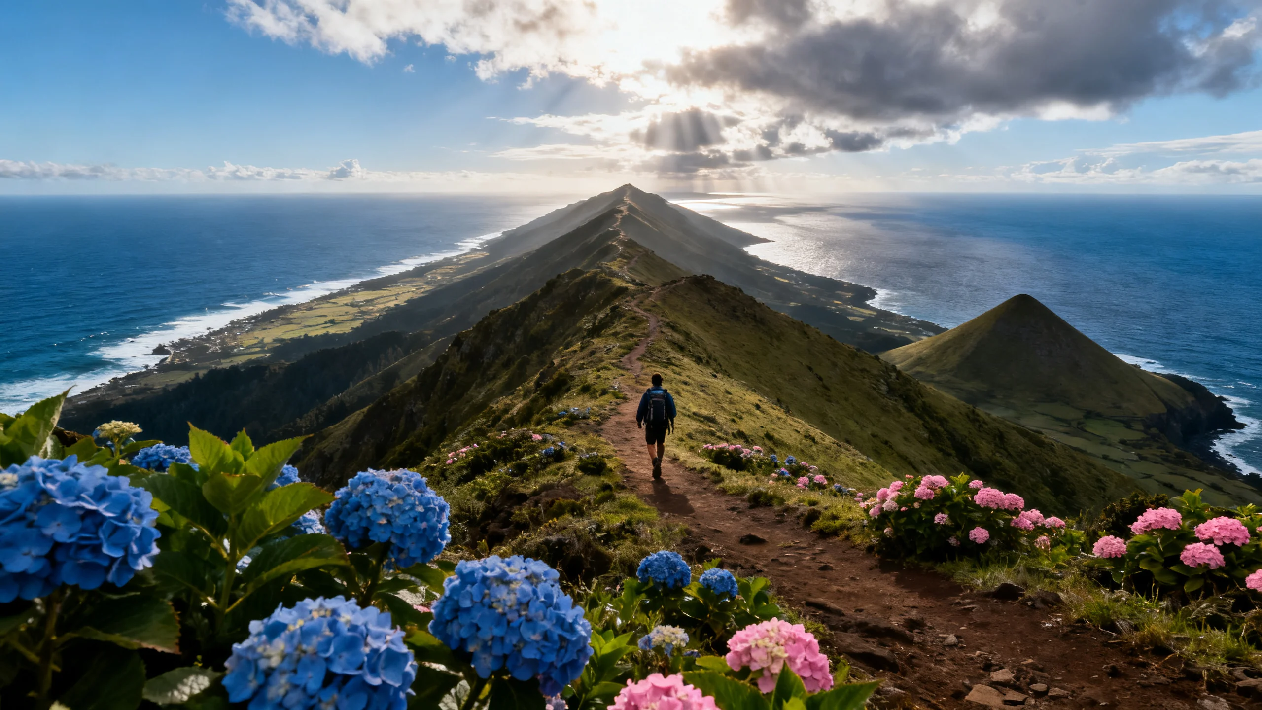A hiker walking along the Pico da Esperança ridge trail on São Jorge, Azores, with the long volcanic spine of the island stretching to the horizon, both the north and south coasts visible far below as deep blue Atlantic, the trail rising and falling between small cone peaks, scattered hydrangeas in foreground bloom
