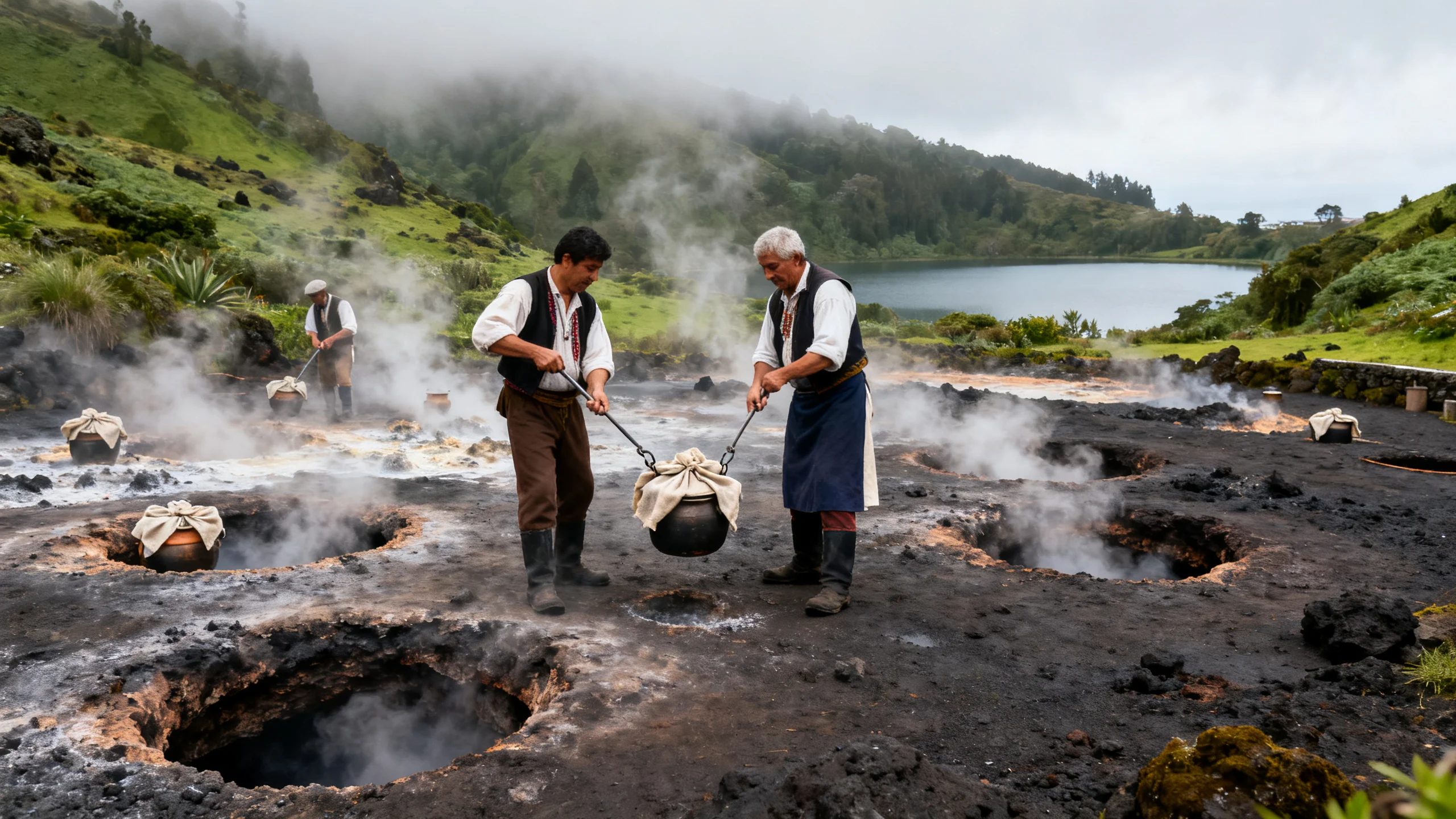 Cuisiniers soulevant des marmites de cozido des trous de cuisson géothermaux au lac de Furnas