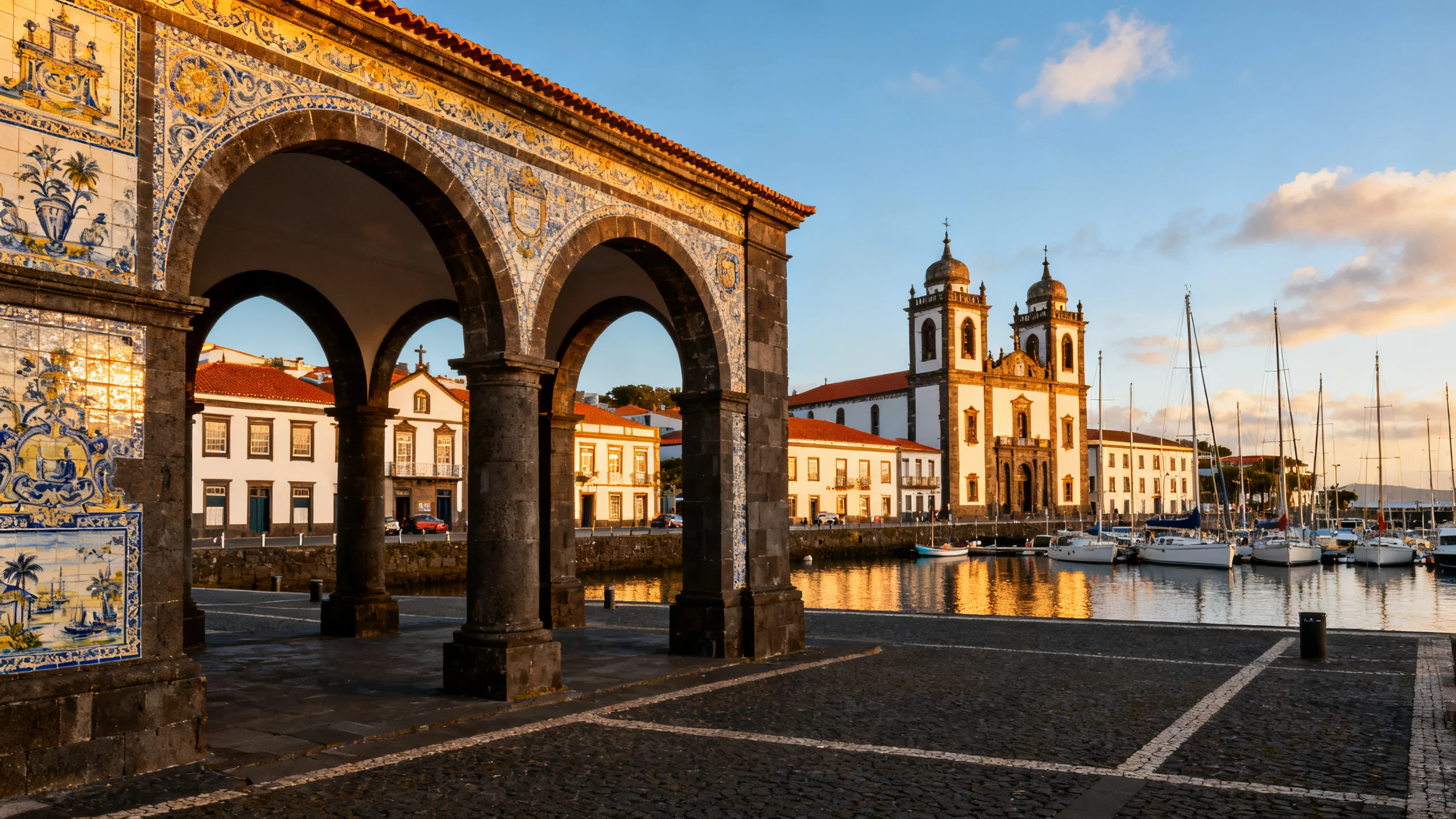 Ponta Delgada waterfront with the Portas da Cidade arches and the marina