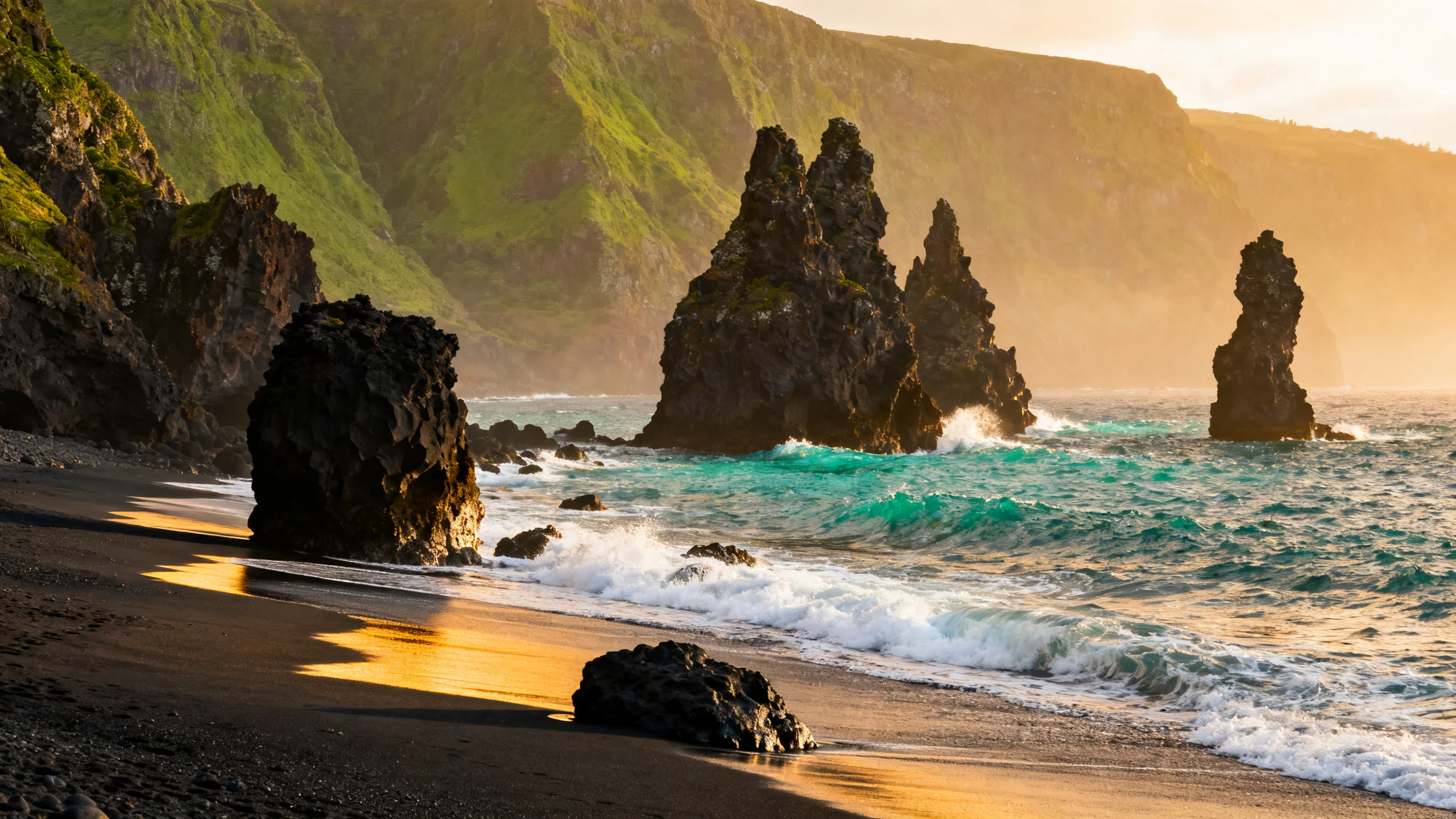 Praia dos Mosteiros black-sand beach with basalt rock formations