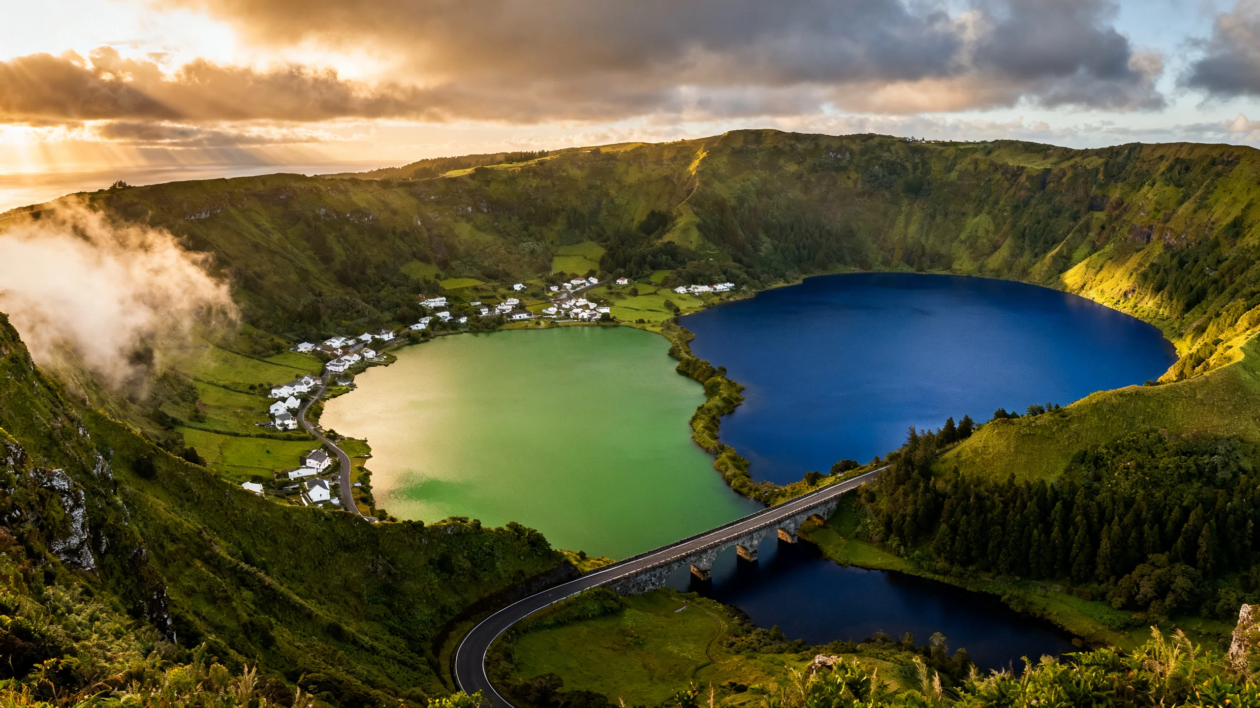 Vue aérienne des lacs jumeaux de cratère de Sete Cidades, São Miguel, Açores