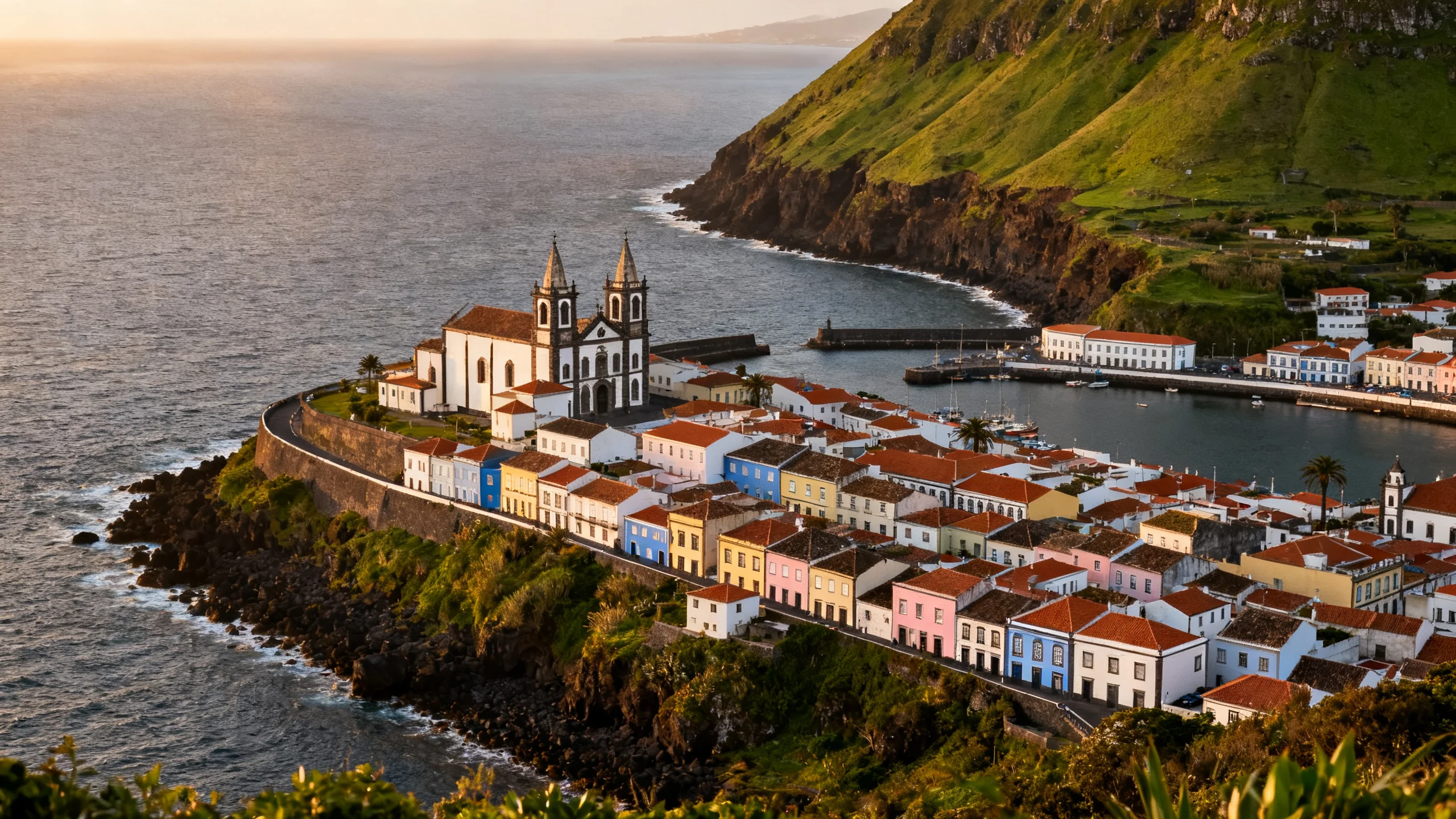 View over Angra do Heroísmo on Terceira from the Monte Brasil hill, showing the pastel-painted UNESCO old town, the cathedral spires, the natural harbour and the surrounding green volcanic coastline