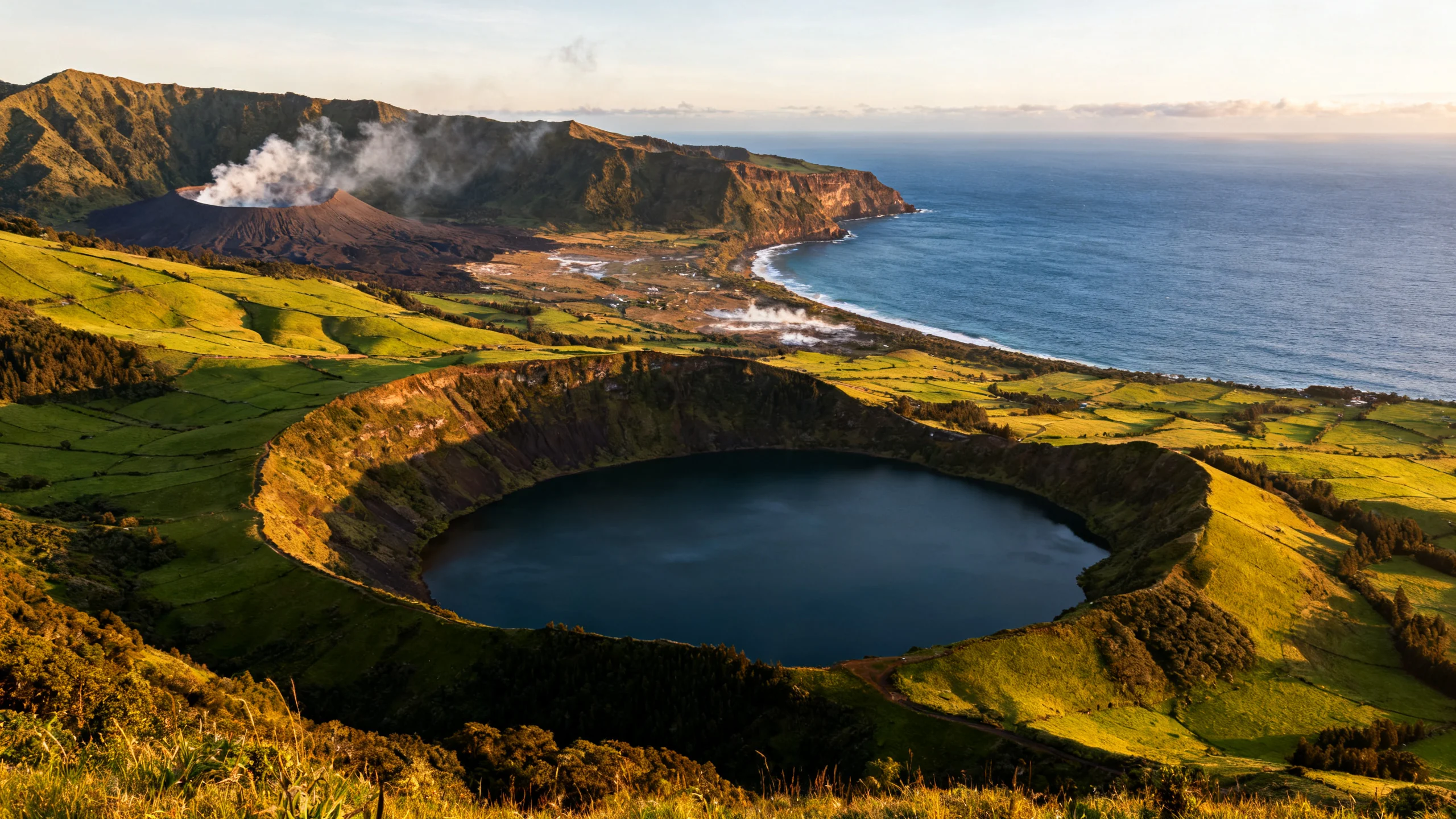 A wide panoramic photograph of the São Miguel landscape mixing the iconic features: the crater lakes of Sete Cidades in the foreground, the green pastures rolling down to the Atlantic coast in the middle distance, the steaming caldeiras of Furnas visible in the eastern hills, and the deep blue Atlantic ocean meeting the dramatic volcanic coastline under late-afternoon golden light
