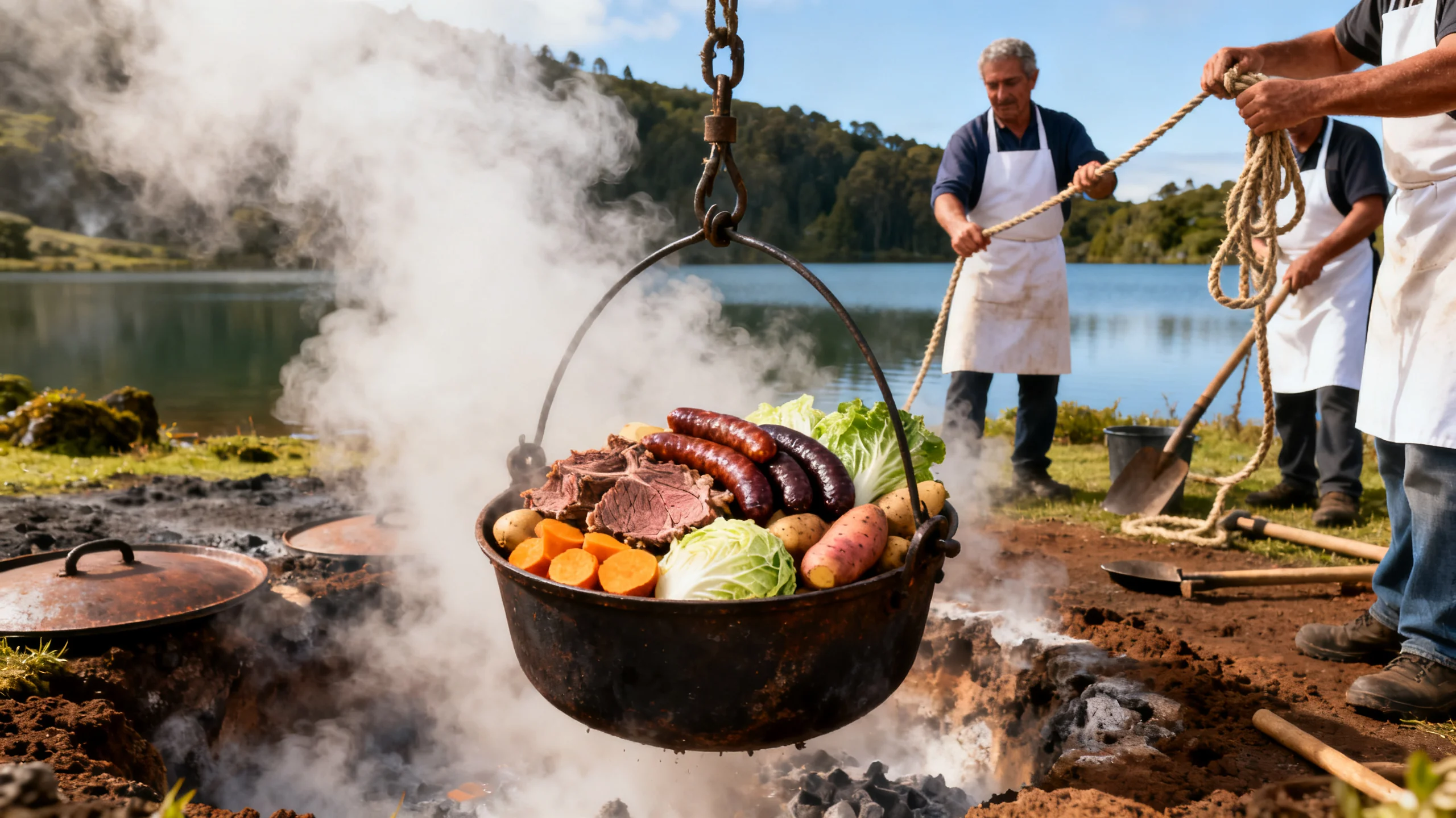 Un cozido das Furnas traditionnel açorien soulevé des marmites géothermiques enterrées au lac de Furnas, São Miguel, avec de la vapeur qui s'élève et la viande, les saucisses, le chou et les légumes-racines visibles dans la marmite en fonte, des habitants en tabliers travaillant à l'arrière-plan