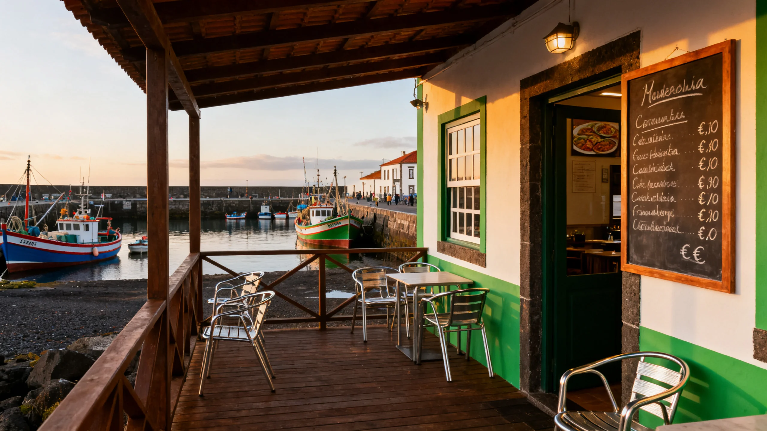 Un petit restaurant de village açorien avec terrasse en bois surplombant le port, ardoise de menu visible avec prix en euros pour le cozido et le poisson grillé, lumière de fin d'après-midi sur les murs peints en vert et blanc