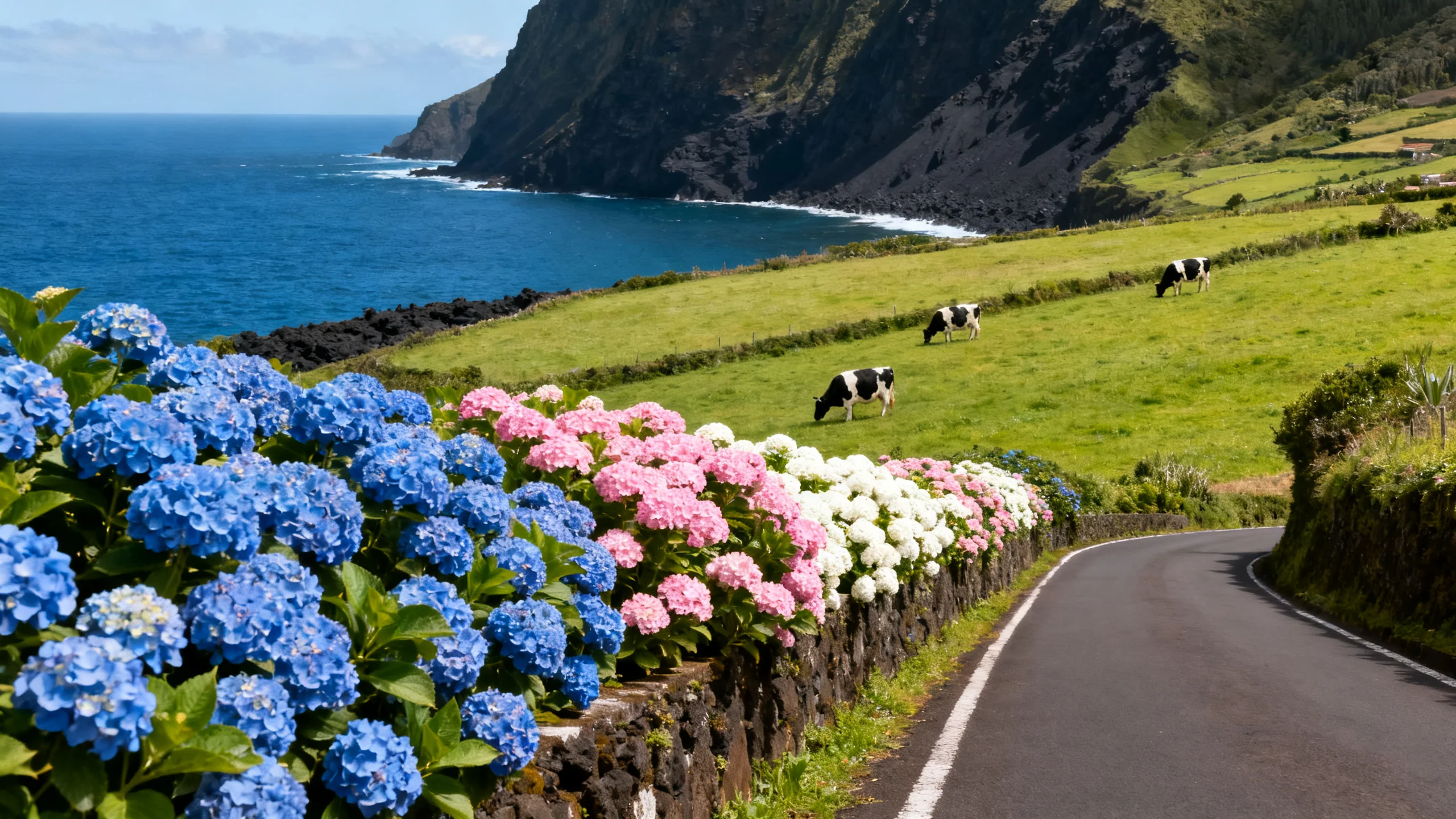 Une haie d'hortensias rose et blanc en fleur le long d'une route de campagne aux Açores en été, avec des pâturages verts descendant vers l'océan Atlantique et le littoral volcanique