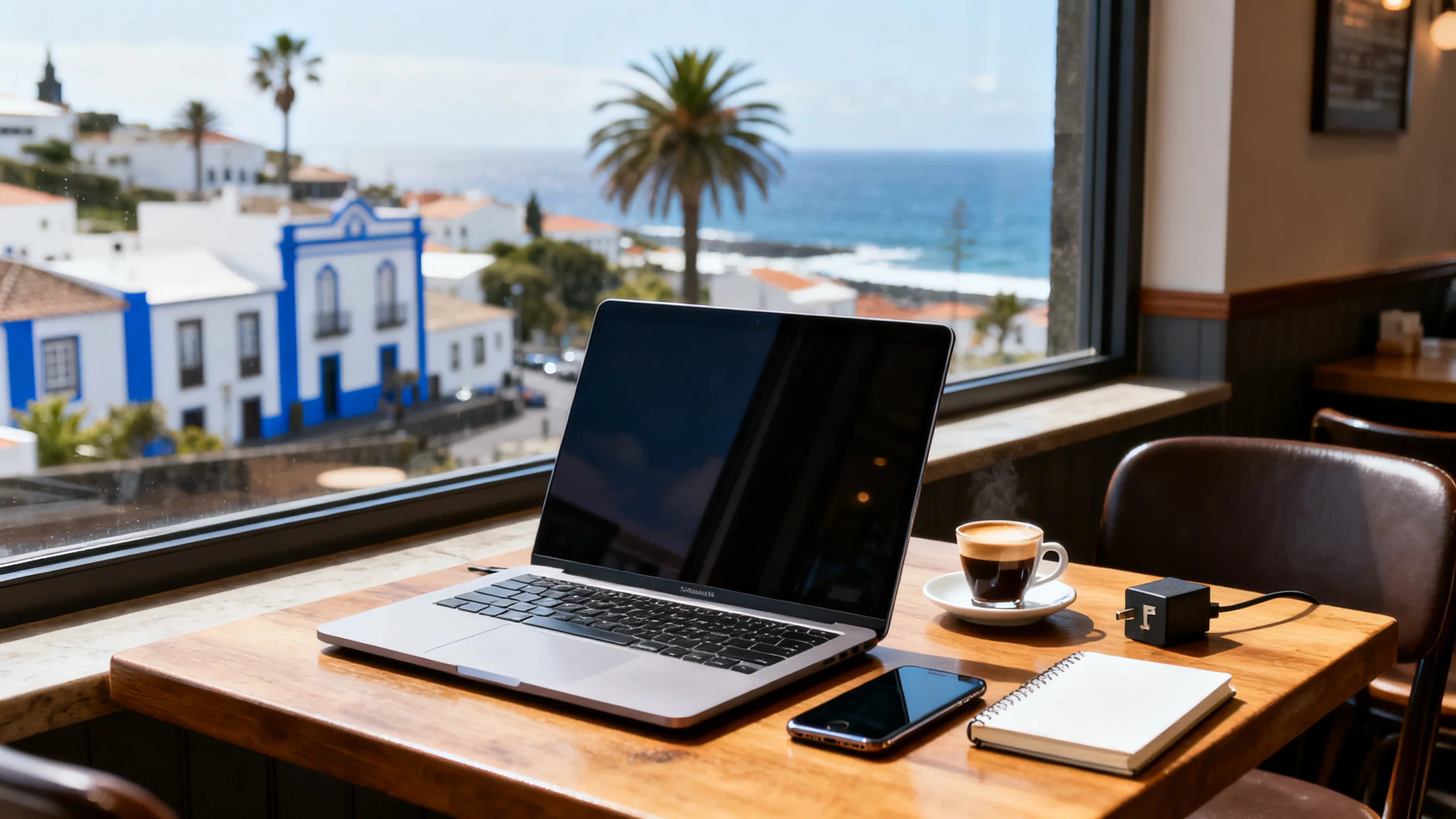 Un ordinateur portable et un smartphone sur une table en bois dans un café de São Miguel, Açores, avec une tasse de café, un petit carnet et un adaptateur de prise portugais visibles, lumière naturelle douce provenant d'une fenêtre donnant sur la ville côtière en arrière-plan