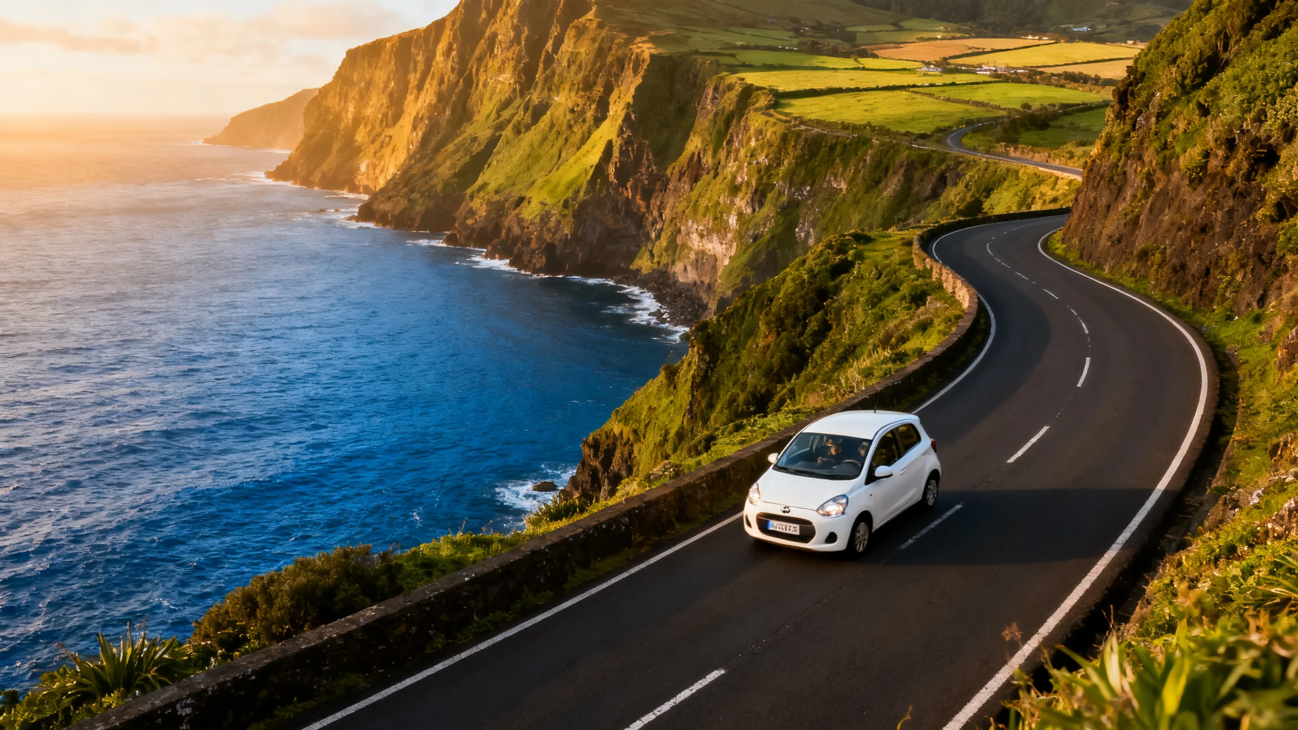 Une petite voiture de location blanche roulant le long d'une route côtière à São Miguel, Açores, avec l'océan Atlantique bleu profond en contrebas et de hautes falaises volcaniques vertes en arrière-plan, lumière dorée de fin d'après-midi