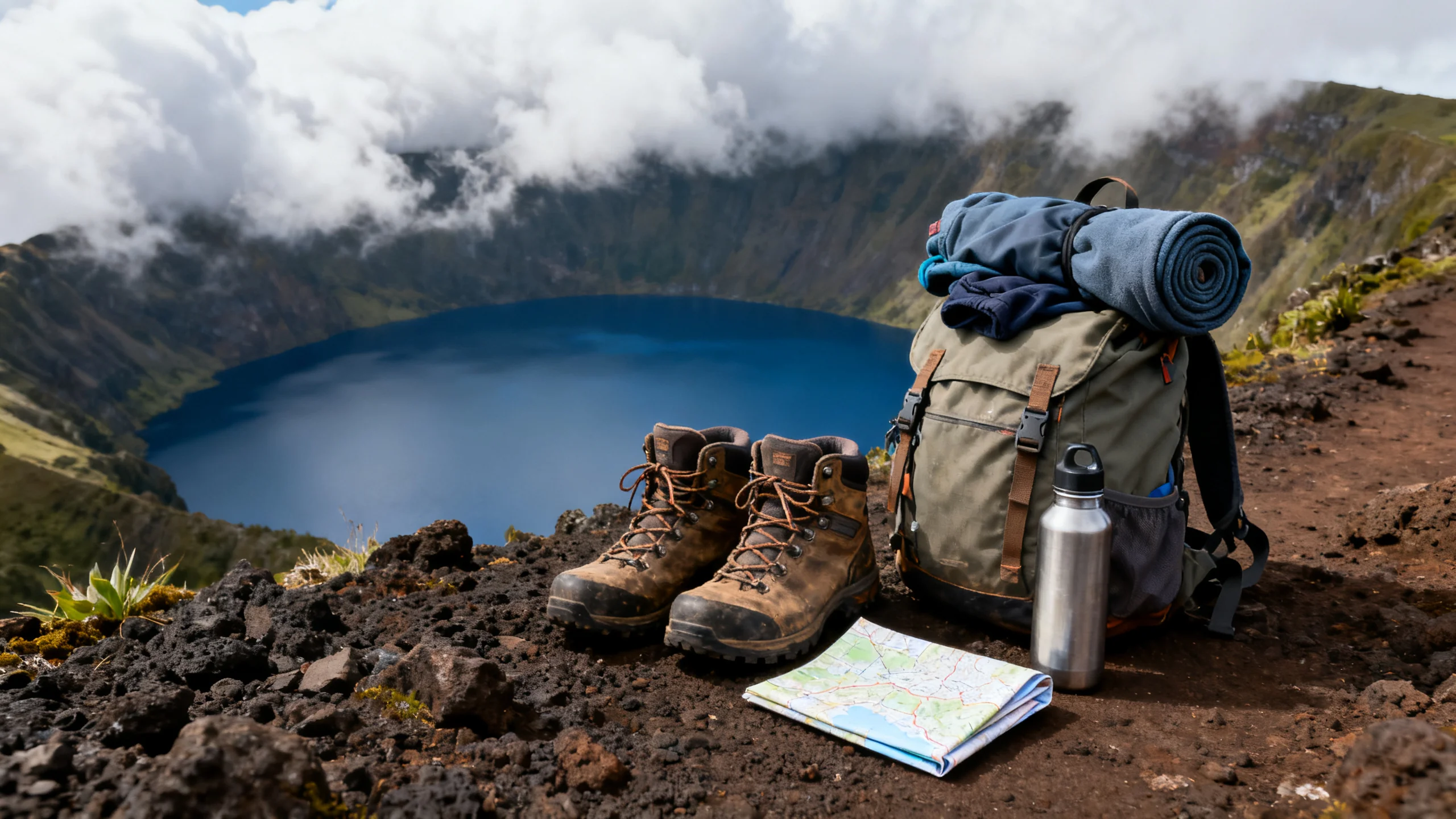 Une paire de chaussures de randonnée sur un sentier volcanique rocailleux à Lagoa do Fogo à São Miguel, Açores, avec un petit sac à dos et une gourde visibles, des nuages dramatiques roulant sur le rebord du cratère en arrière-plan