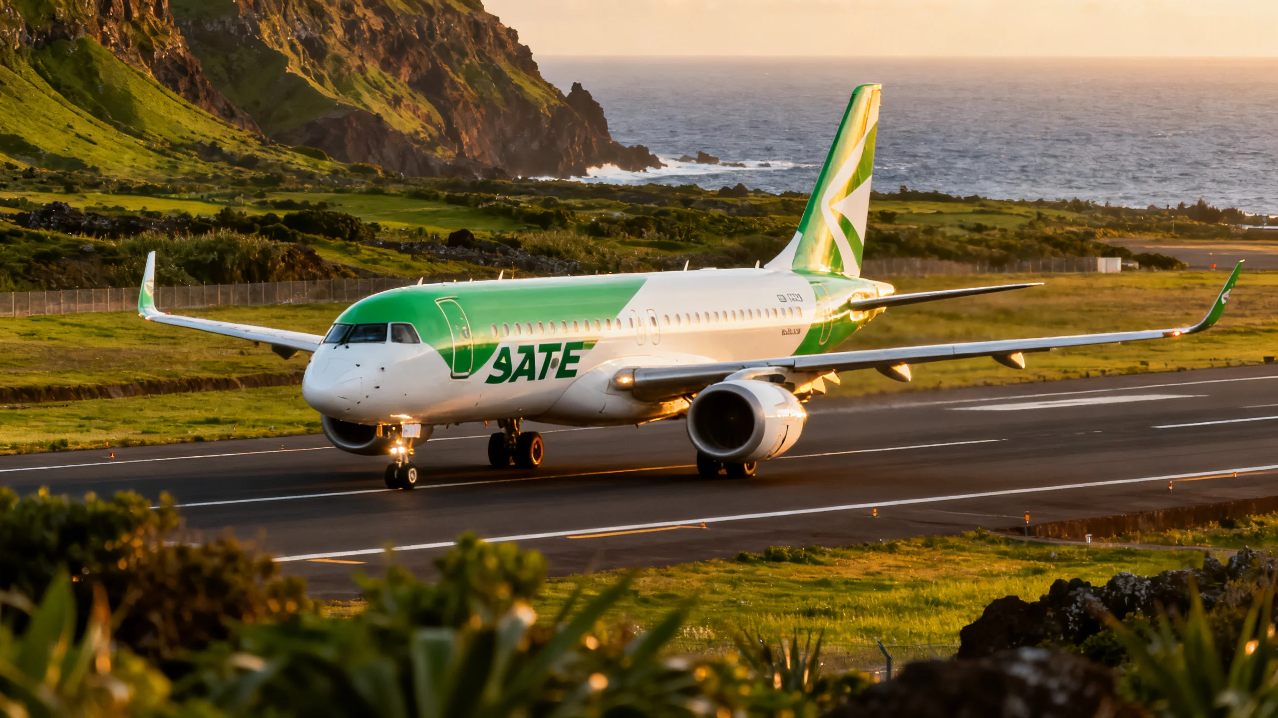 Un Airbus A321neo SATA Azores Airlines aux couleurs vertes et blanches roulant sur la piste de l'aéroport João Paulo II à Ponta Delgada, avec la côte verte de São Miguel et l'océan Atlantique en arrière-plan