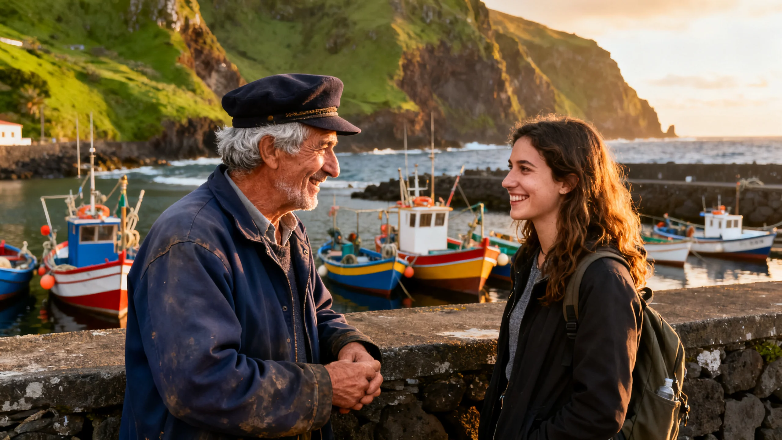 Un pêcheur açorien âgé sympathique portant une casquette traditionnelle et une veste usée, discutant avec un jeune voyageur sur un muret de pierre du port de São Miguel, tous deux souriants, bateaux de pêche et côte volcanique verte visibles en arrière-plan, lumière chaude de fin d'après-midi