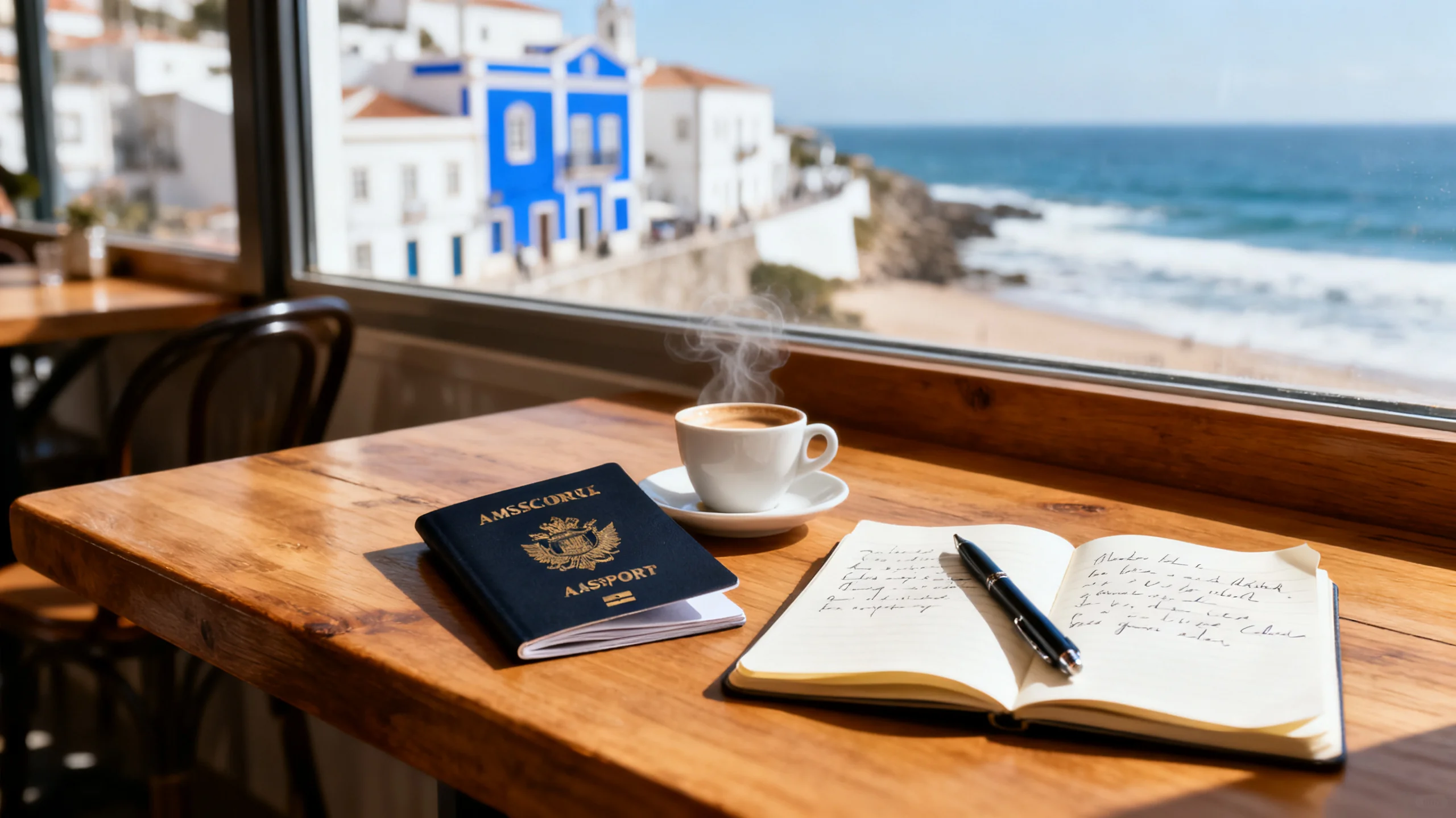 Un passeport de voyage ouvert sur une table de café en bois à côté d'une tasse de café et d'un carnet de voyage manuscrit, avec une scène côtière portugaise visible par la fenêtre du café dans la douce lumière du matin